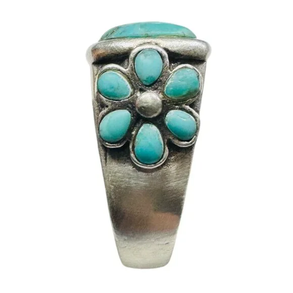 Vintage Barse 925 Sterling Silver Turquoise Ring Size 8 With Floral Side Detail - Picture 10 of 11